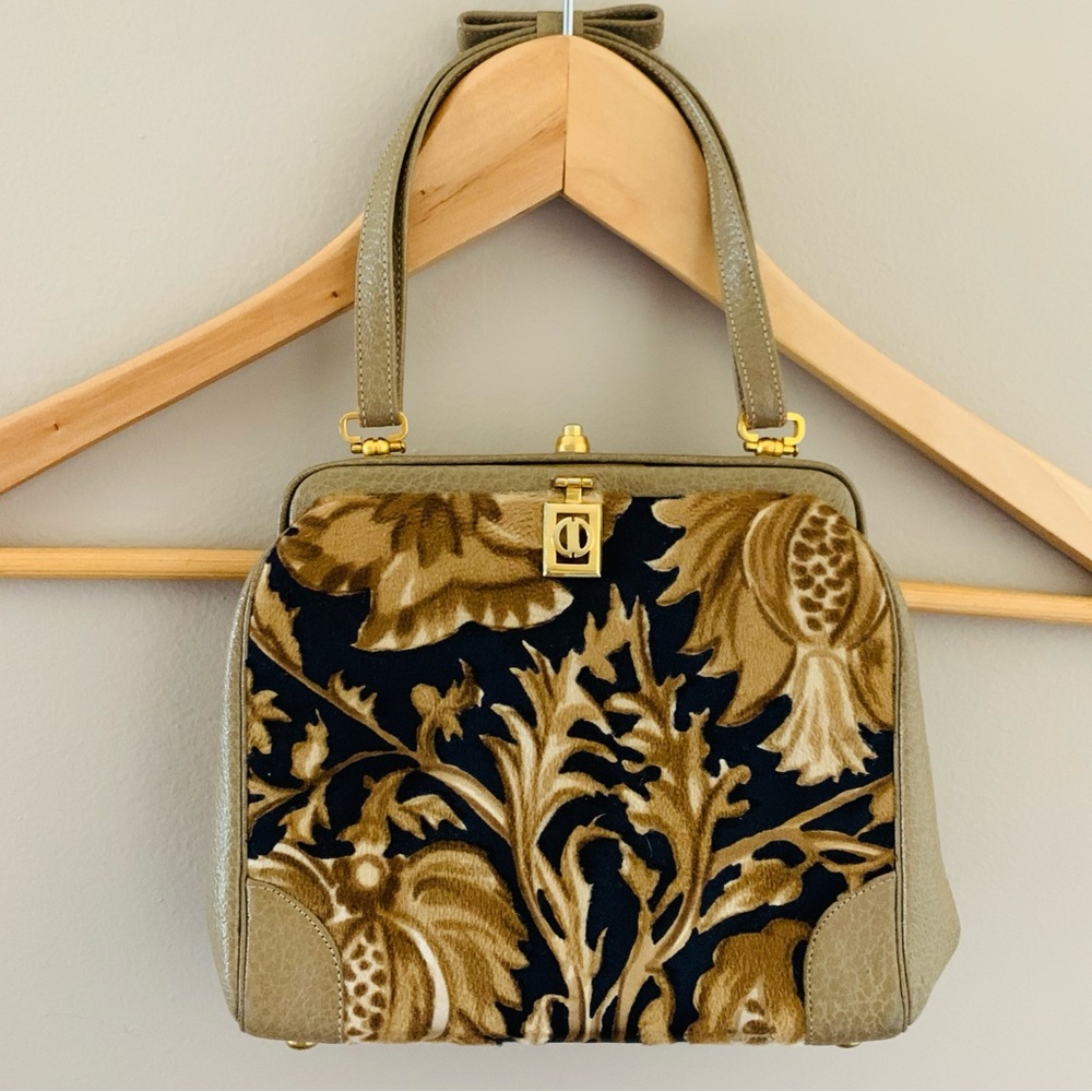 Vintage Black and Tan Shoulder Bag with Ornate Design